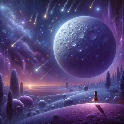 The primary subject of the image is a woman standing on a hill, looking at a large, purple planet. The setting is a space scene with a backdrop of stars and a purple planet. The visual style is digital art, creating a surreal and fantastical atmosphere. The colors and mood are predominantly purple, giving the scene a dreamy and otherworldly feel.